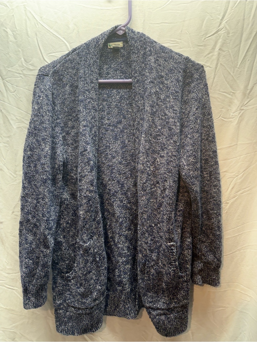 L.L.Bean 100% Cotton Marled Open Front Cardigan Sweater Blue Petite Large